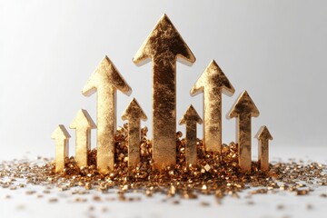 Poster - Increasing growth represented by golden arrows and shiny glitter on a smooth surface