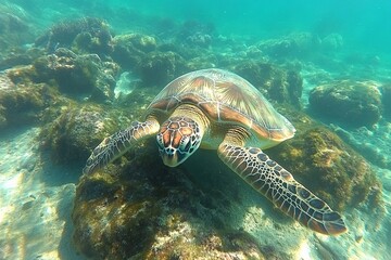 Poster - Sea turtle glides gracefully over coral reefs in crystal clear waters during daylight hours