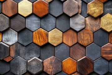 Poster - Textured wooden hexagonal tiles arranged in a captivating design showcasing various shades and finishes