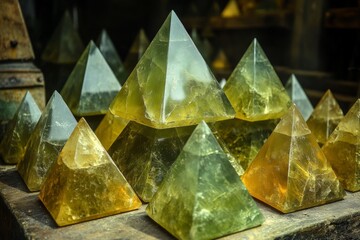 Poster - Unique collection of pyramid-shaped crystals displayed in a shop during afternoon light