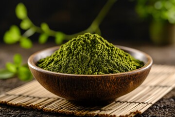 Poster - Green powder sits in a wooden bowl on a bamboo mat with blurred green leaves in the background during natural light