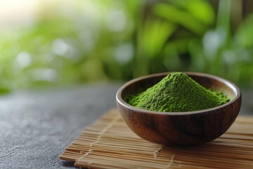 Poster - Green matcha powder displayed in a wooden bowl on a bamboo mat with a blurred green background in a serene setting