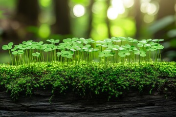 Poster - Lush green seedlings growing on a mossy log in a sunlit forest during springtime