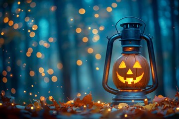 Poster - Jack-o'-lantern lantern lighting up autumn woods with glowing orange against a backdrop of falling leaves