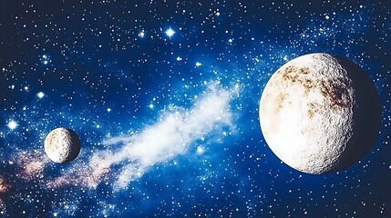 two celestial bodies float amid stars and cosmic nebulosity