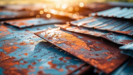 Poster - Rusty metal sheets glisten under sunset light near an old industrial site by the riverbank in the late afternoon