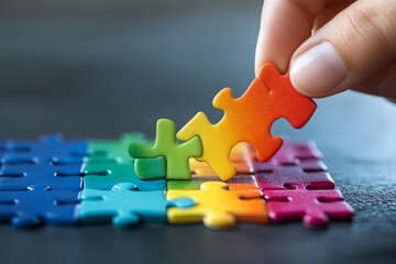 Poster - Hand placing colorful puzzle piece on partially completed jigsaw puzzle at home on a sunny afternoon