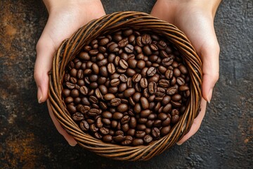 Aufkleber - Coffee beans in a woven basket held by hands against a rustic background during daylight hours
