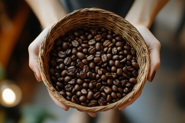 Poster - Holding a woven basket filled with fresh coffee beans in a cozy indoor setting