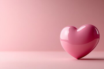 Poster - Glossy pink heart on a soft pink background symbolizes love and affection in a minimalist setting