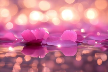 Aufkleber - Pink flower petals float on water reflecting soft golden lights during a tranquil evening moment