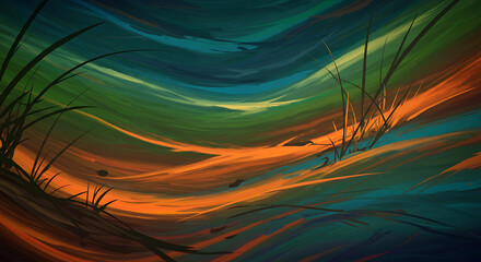 Leinwandbilder - Abstract landscape with grass and colorful brushstrokes