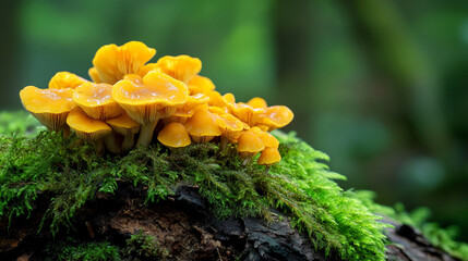 Poster - Close-up of yellow mushrooms growing on moss-covered wood, showcasing vibrant color and natural texture, representing the beauty of autumnal forest and wilderness