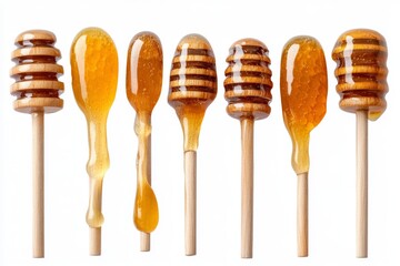 Poster - Delicious honey drippers showcasing various textures and colors of natural honey in wooden sticks