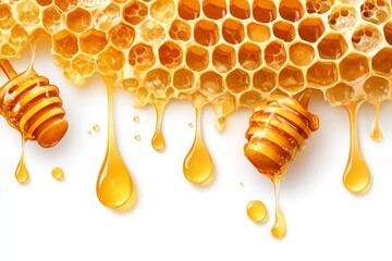 Aufkleber - Golden honey dripping from honeycomb with dippers on a white background