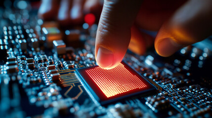 Poster - A finger touching a glowing red cpu on a circuit board with visible components and blue lighting