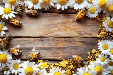 Poster - Bees gather around daisies and honeycomb in a natural garden setting during the day