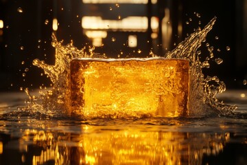 Aufkleber - Golden block splashes into clear water, creating vibrant ripples in an industrial setting at sunset