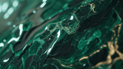 Poster - swirling patterns of green stone with golden veins displayed close-up in soft light creating a mesme