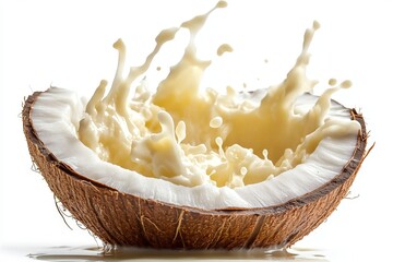 Poster - Coconut shell with splash of coconut milk against a white background creating an artistic effect