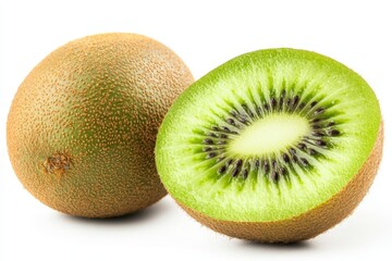 Poster - Freshly sliced kiwi fruit showcasing vibrant green flesh and tiny black seeds near whole kiwi on white background