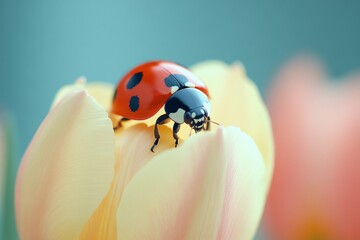 Poster - Close-up of a ladybug resting on a soft yellow tulip petal in a garden during springtime