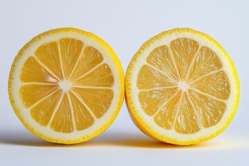 Poster - Freshly sliced lemons arranged side by side on a clean white background capturing their vibrant color and texture