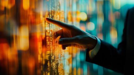 Poster - A hand touching a screen with abstract glowing lines and colorful bokeh in the background setting the scene