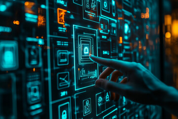 Poster - A hand interacts with a glowing digital interface featuring various icons and a prominent lock symbol