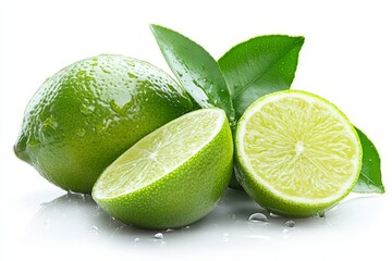 Fototapete - Fresh limes with green leaves placed on a reflective surface illuminated by natural light