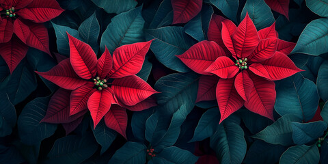 Aufkleber - Close-up of red poinsettia blossoms surrounded by dark-green leaves, creating a rich, festive image, showcasing holiday cheer and natural beauty, perfect for seasonal designs