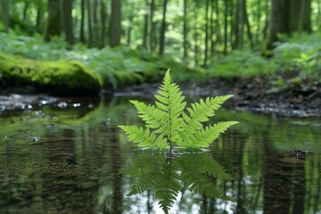 Poster - Bright green fern reflecting in calm water of forest stream during midday surrounded by lush greenery