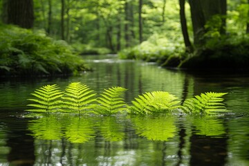 Poster - Lush green ferns reflect in a tranquil forest stream during a peaceful summer afternoon