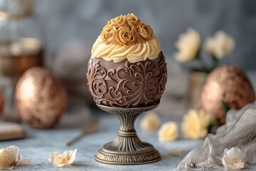 Aufkleber - Elegant chocolate egg dessert with rose decoration on a vintage stand in a softly lit setting