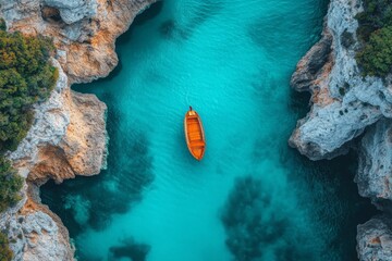 Poster - Colorful wooden boat floating on turquoise waters between rocky cliffs in a scenic coastal location