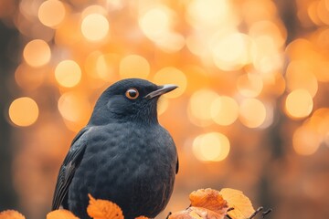 Aufkleber - Blackbird perched among autumn leaves with a golden bokeh background during late afternoon