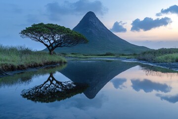 Aufkleber - Dramatic mountain reflection at dusk with solitary tree in lush landscape near water