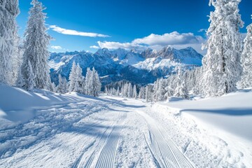 Poster - Winter landscape with snow-covered mountains and trees under blue sky in the Dolomites during the day
