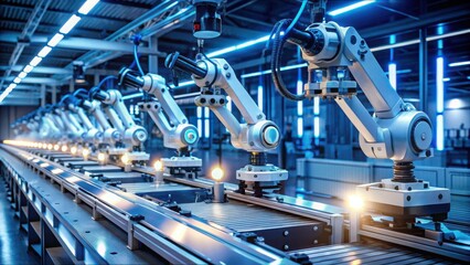 Poster - Robotic Assembly Line with LED Lighting in a Modern Factory Setting