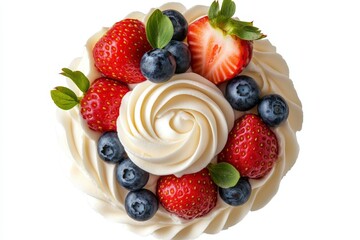 Aufkleber - Colorful cake topped with strawberries and blueberries displays a swirl of cream perfect for celebrations and desserts