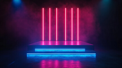 Poster - Illuminated stage with pink neon lights and blue steps in a dark and smoky atmosphere setting the scene