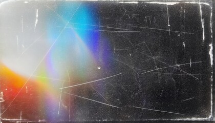 Wall Mural - scratched vintage glass texture with iridescent rainbow light refraction, abstract grunge overlay for digital art and design

