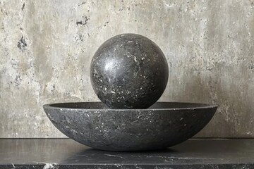 Poster - Elegant modern stone sculpture featuring a spherical element balanced on a shallow bowl