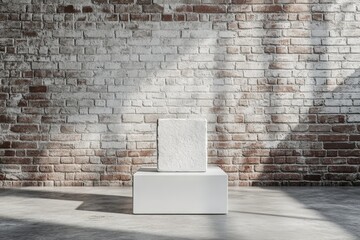 Fototapete - Minimalist art installation featuring a textured block on a display in an industrial brick space