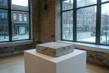 Aufkleber - Snowy urban gallery displaying a minimalist stone sculpture with large windows revealing the winter street view outside