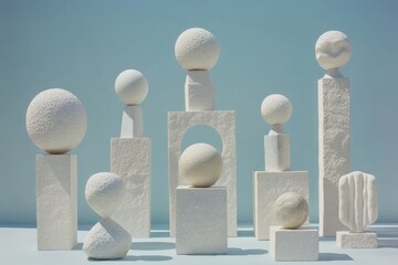 Fototapete - Decorative white geometric sculptures arranged on a light blue backdrop showcasing modern artistic design