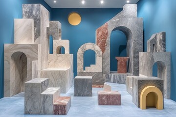Fototapete - Modern abstract marble installation in a minimalist gallery space showcasing geometric forms and bold colors