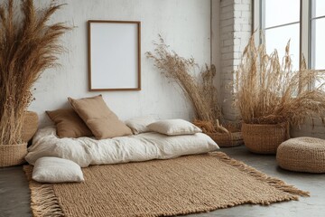 Aufkleber - Cozy minimalistic interior with natural elements and a comfortable seating area in soft earthy tones