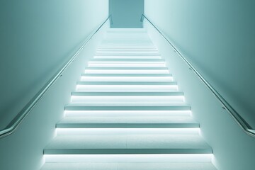 Poster - Stairs illuminated by soft light in a modern interior space leading to a bright doorway