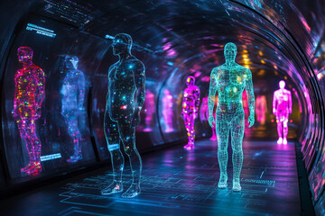 Poster - Holographic human figures in a futuristic tunnel with neon lighting and digital representations